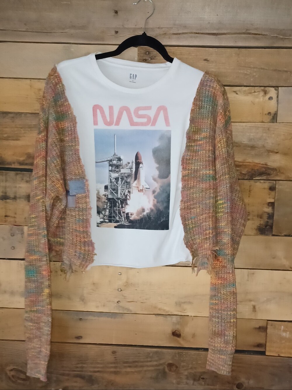 Upcycled NASA Fraphic T-shirt l Multicolor Cropped Knit Sleeves.